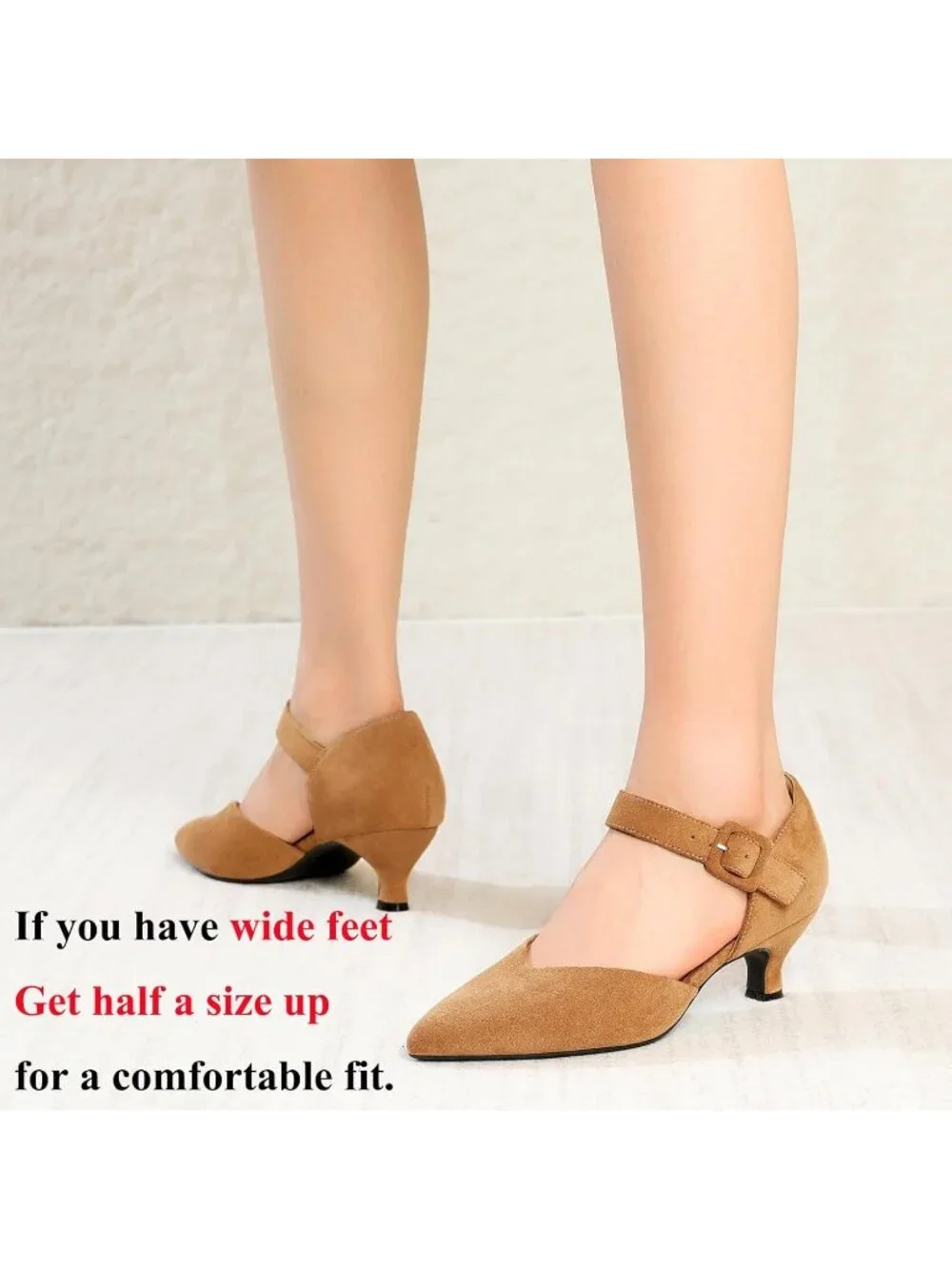 Women's Brown Suede Closed Pointed Toe Ankle Strap Buckle Heels Slip on Low Heel